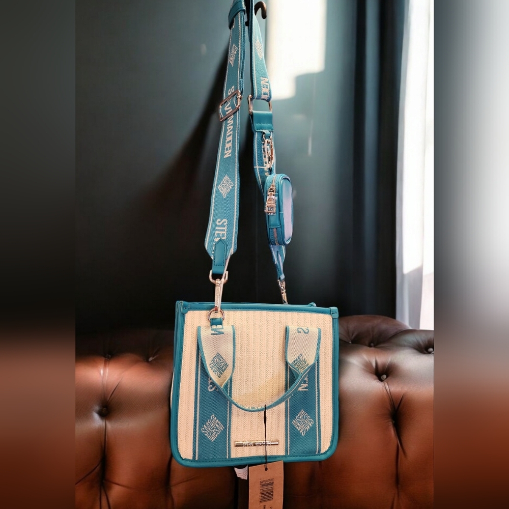 STEVE MADDEN BWEBBER STRAW SATCHEL CROSSBODY BAG W AIR POD CASE TEAL NWT